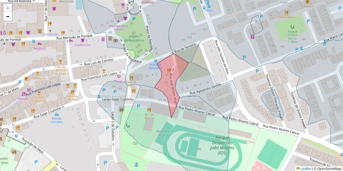 Mapa detalhado do código postal 7520-264 com limites, códigos postais vizinhos e agências dos correios