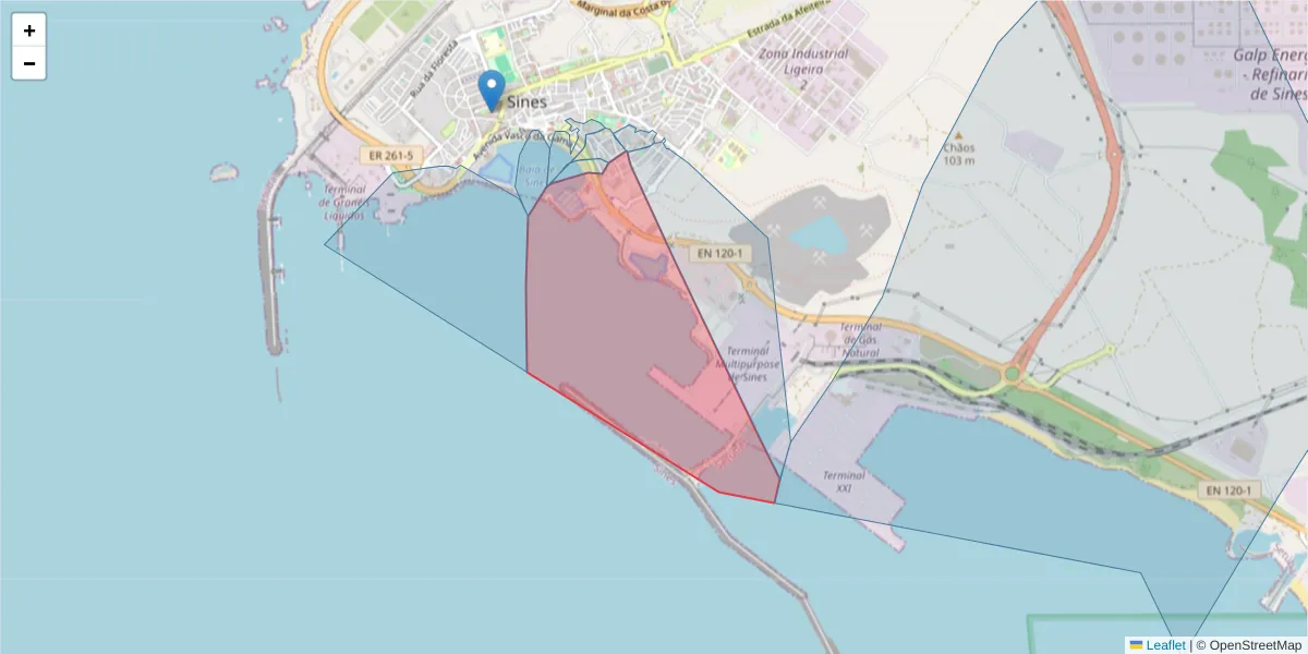 Mapa detalhado do código postal 7520-265 com limites, códigos postais vizinhos e agências dos correios