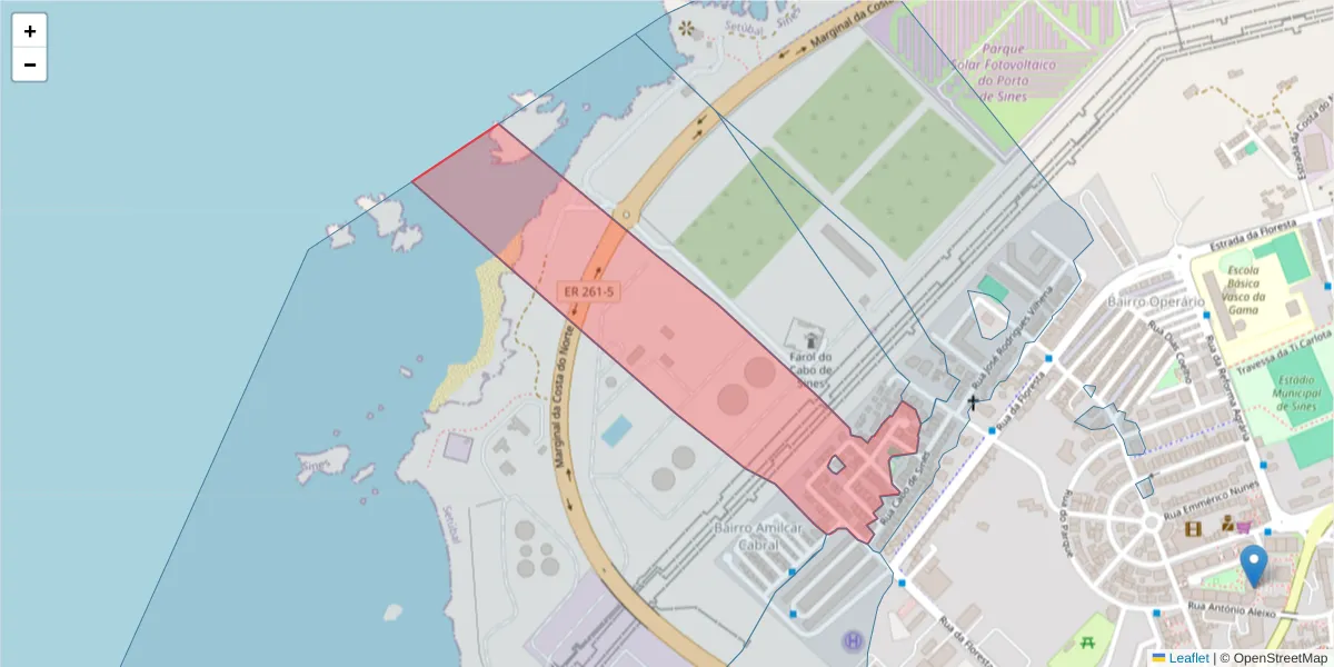 Mapa detalhado do código postal 7520-268 com limites, códigos postais vizinhos e agências dos correios