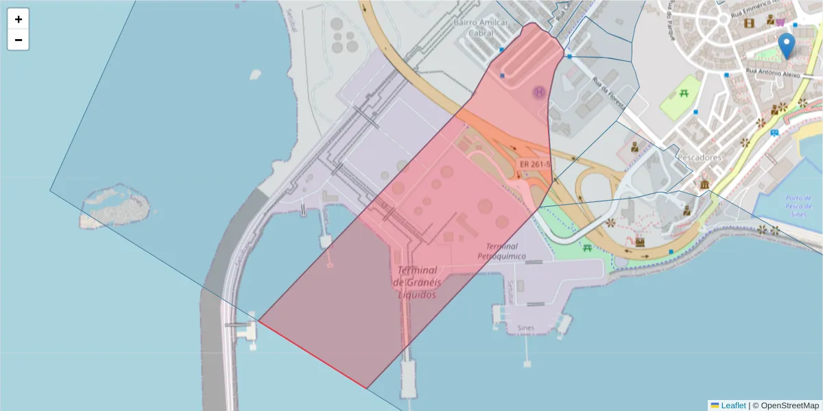 Mapa detalhado do código postal 7520-308 com limites, códigos postais vizinhos e agências dos correios