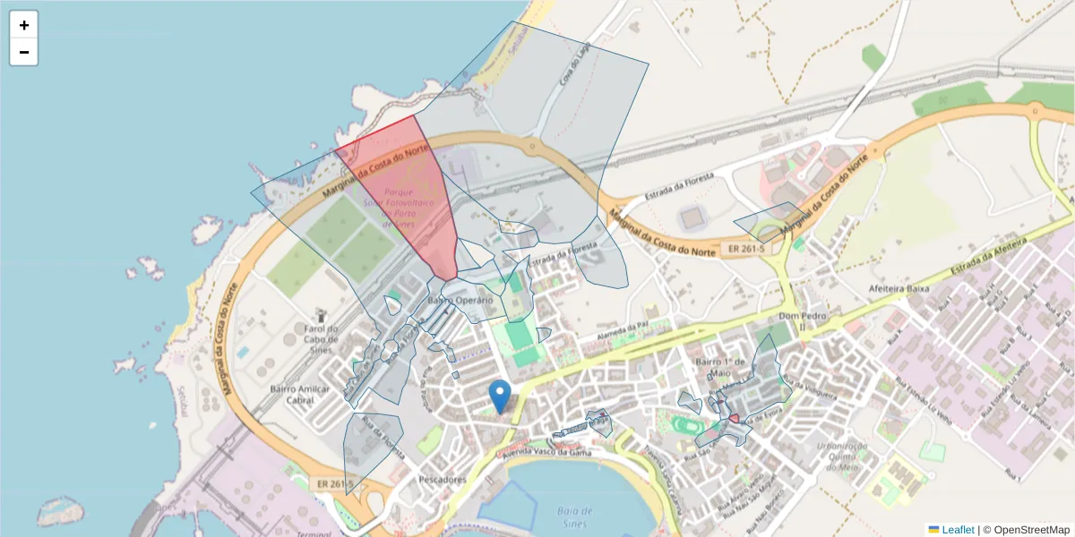 Mapa detalhado do código postal 7520-310 com limites, códigos postais vizinhos e agências dos correios