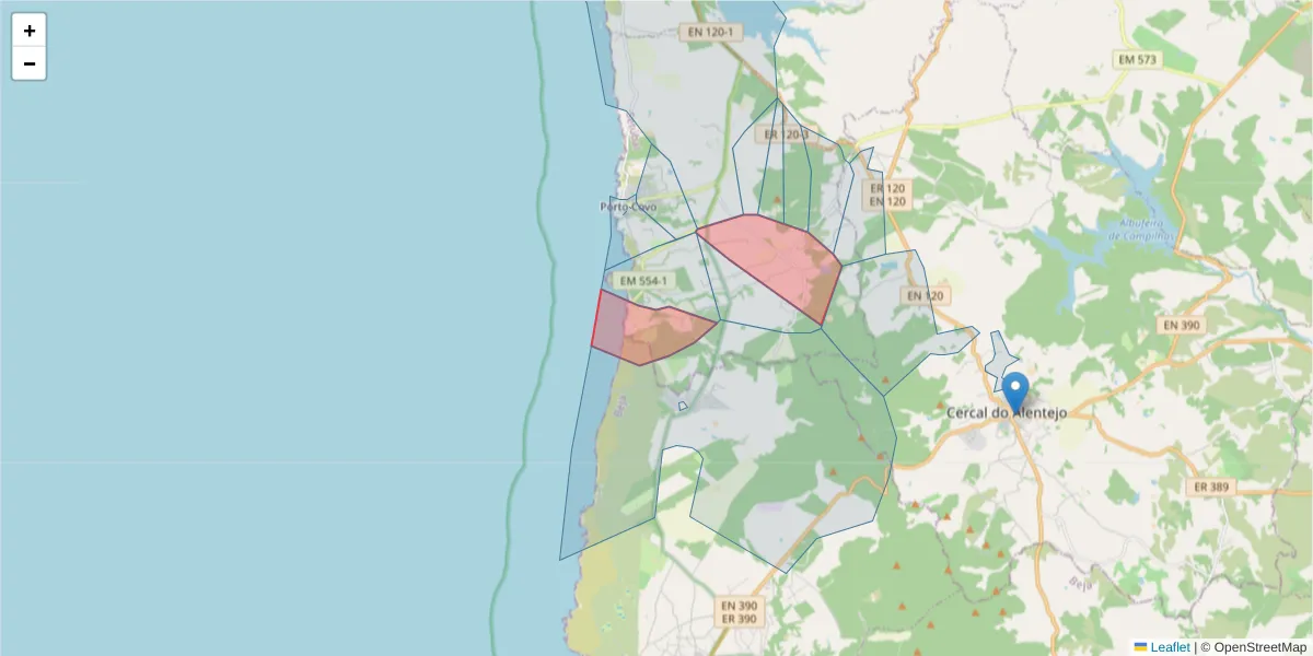 Mapa detalhado do código postal 7520-443 com limites, códigos postais vizinhos e agências dos correios