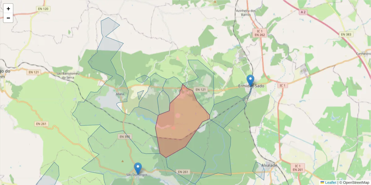 Mapa detalhado do código postal 7540-021 com limites, códigos postais vizinhos e agências dos correios