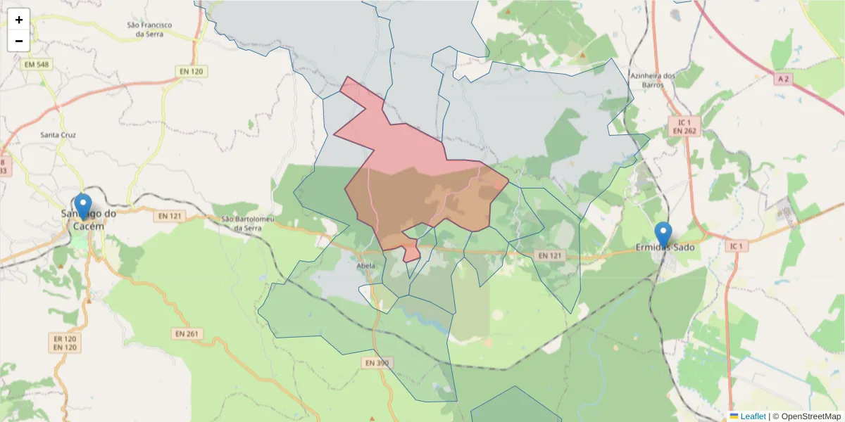 Mapa detalhado do código postal 7540-025 com limites, códigos postais vizinhos e agências dos correios