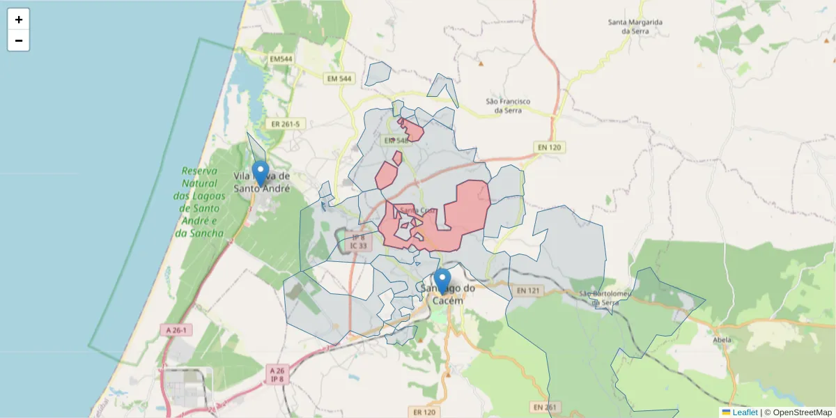 Mapa detalhado do código postal 7540-051 com limites, códigos postais vizinhos e agências dos correios