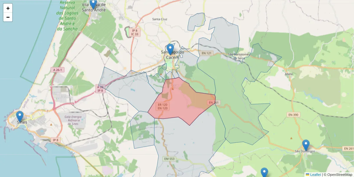 Mapa detalhado do código postal 7540-060 com limites, códigos postais vizinhos e agências dos correios