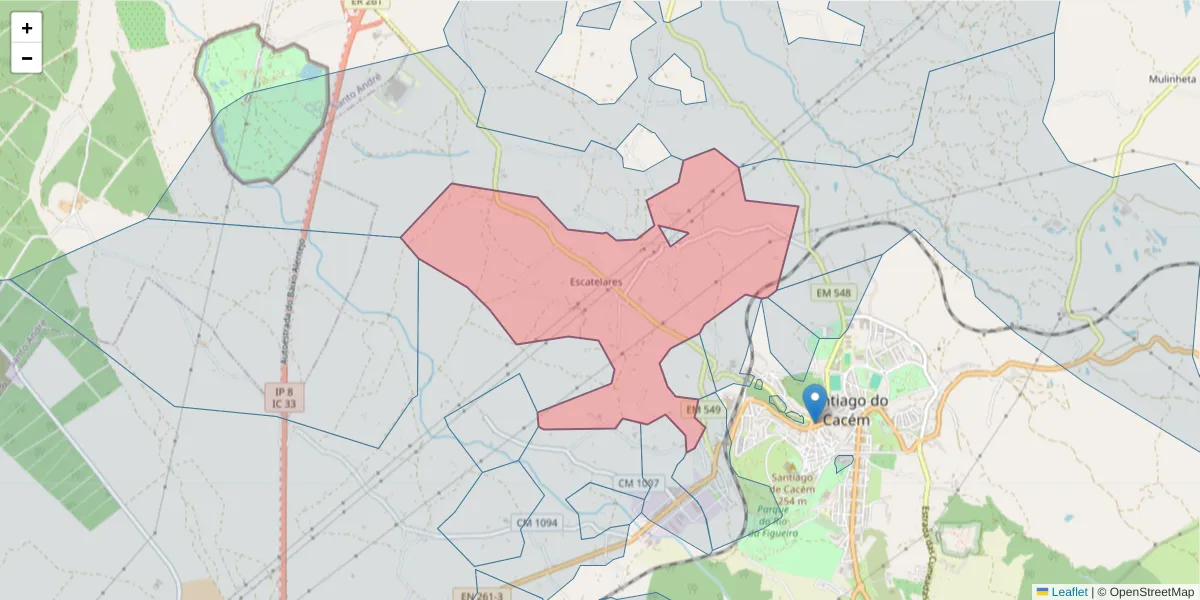 Mapa detalhado do código postal 7540-061 com limites, códigos postais vizinhos e agências dos correios