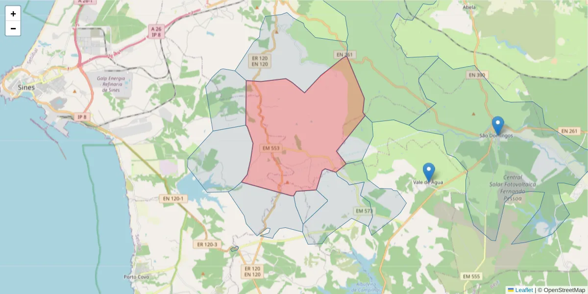 Mapa detalhado do código postal 7540-068 com limites, códigos postais vizinhos e agências dos correios