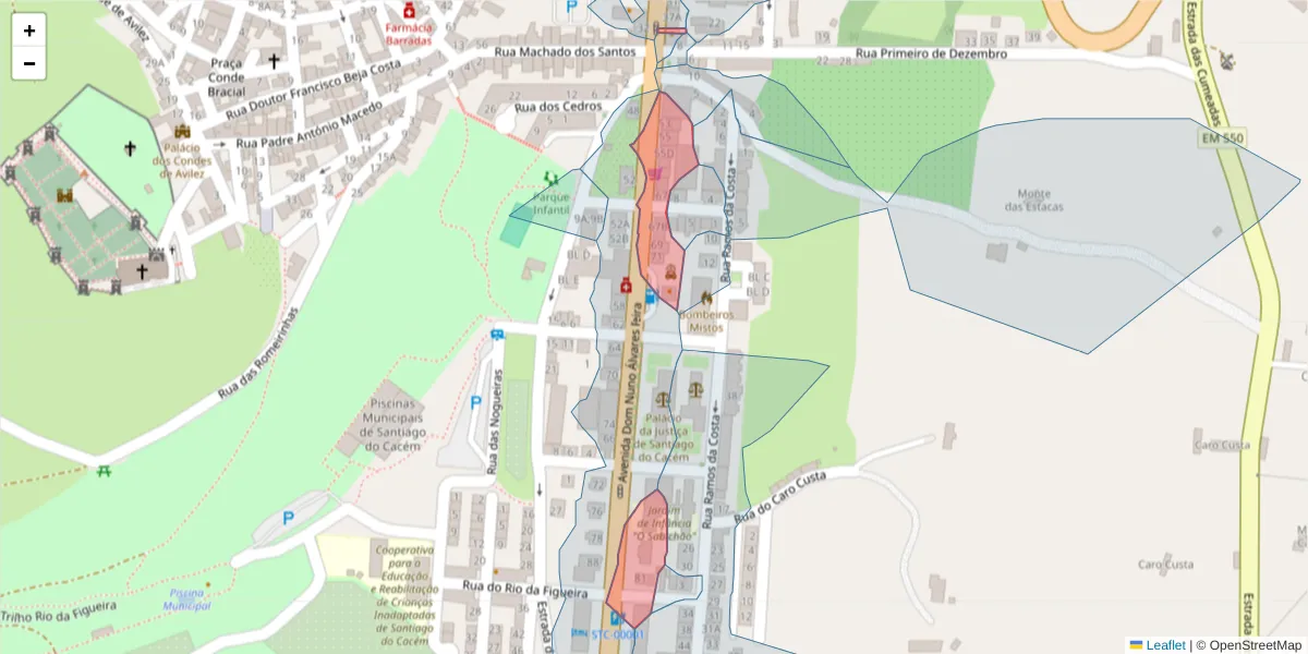 Mapa detalhado do código postal 7540-104 com limites, códigos postais vizinhos e agências dos correios
