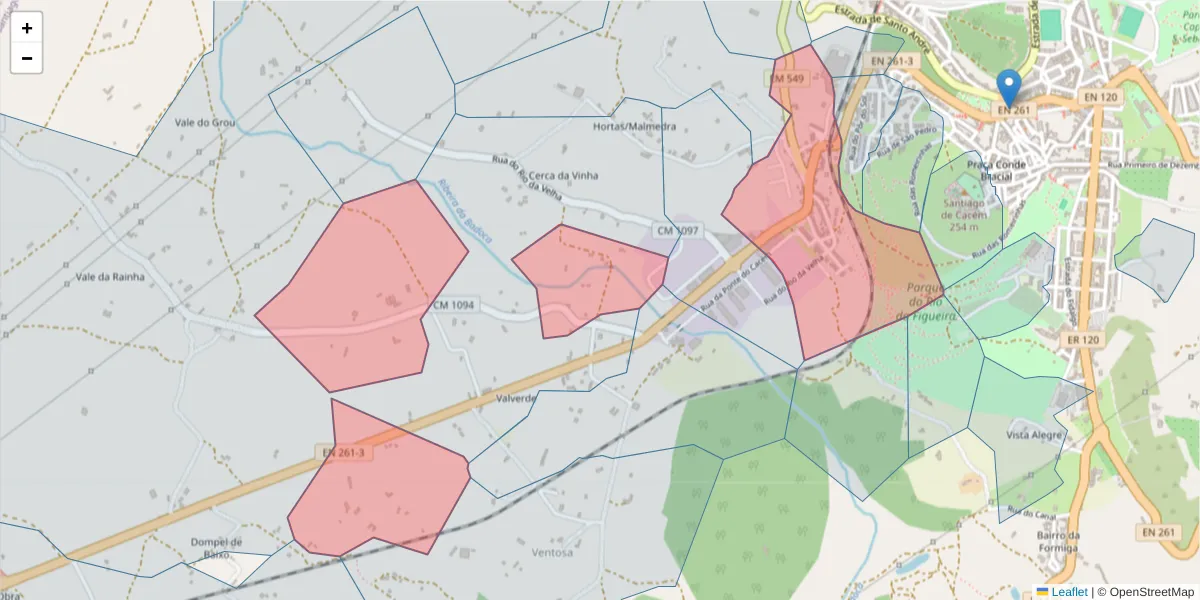 Mapa detalhado do código postal 7540-107 com limites, códigos postais vizinhos e agências dos correios