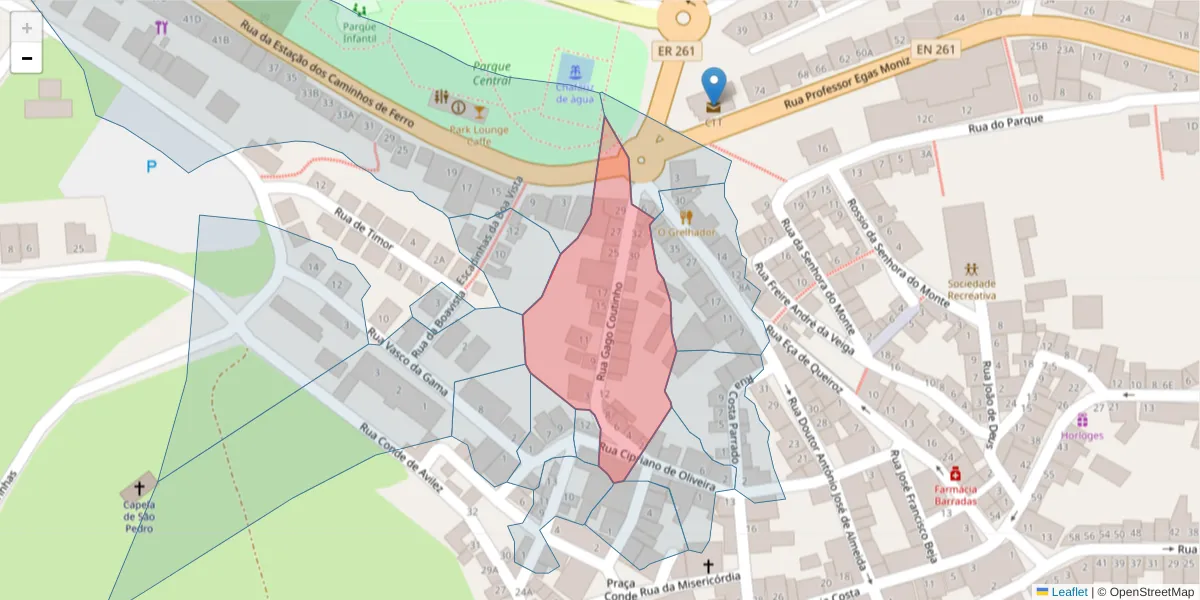 Mapa detalhado do código postal 7540-190 com limites, códigos postais vizinhos e agências dos correios