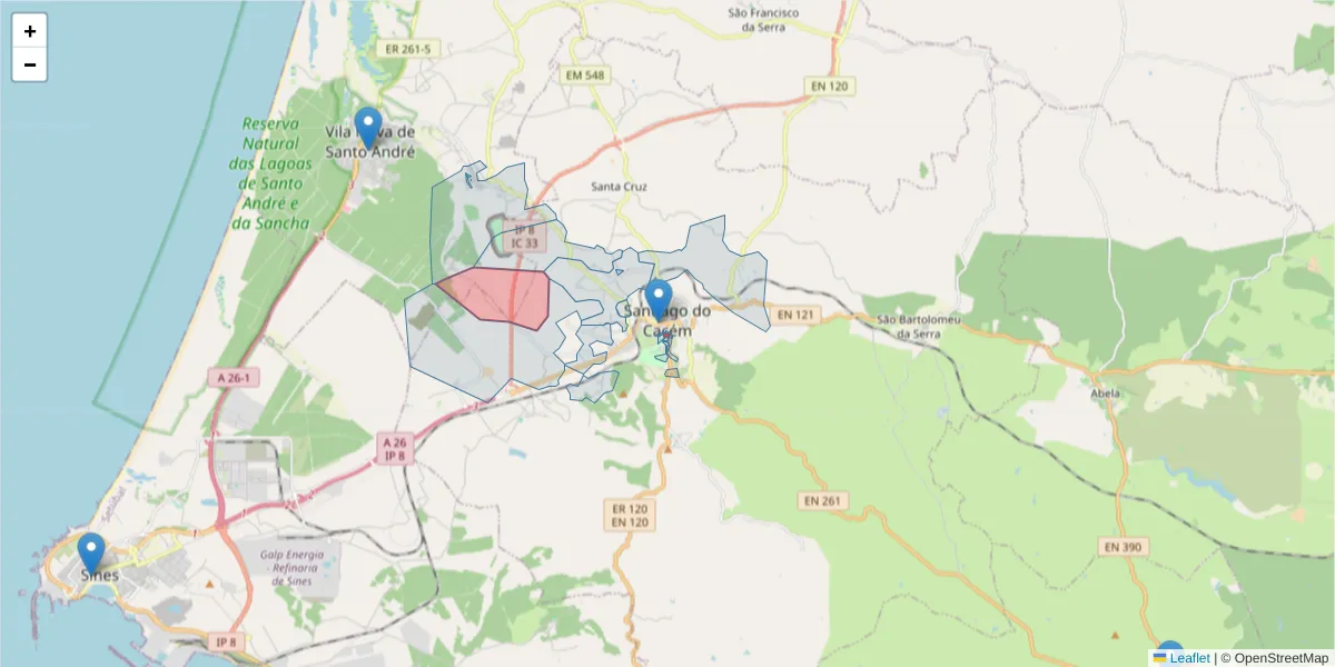 Mapa detalhado do código postal 7540-218 com limites, códigos postais vizinhos e agências dos correios