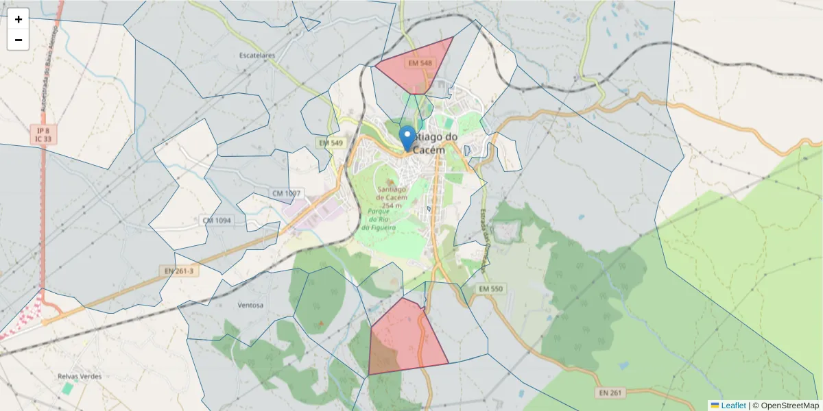 Mapa detalhado do código postal 7540-220 com limites, códigos postais vizinhos e agências dos correios