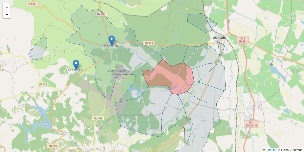 Mapa detalhado do código postal 7540-400 com limites, códigos postais vizinhos e agências dos correios