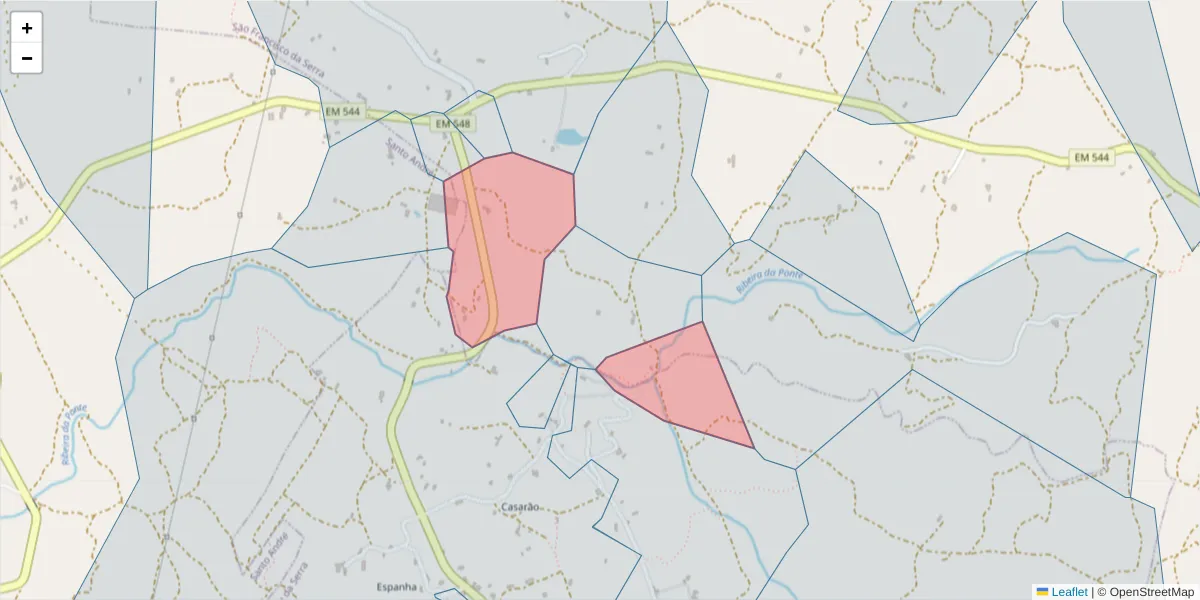 Mapa detalhado do código postal 7540-502 com limites, códigos postais vizinhos e agências dos correios