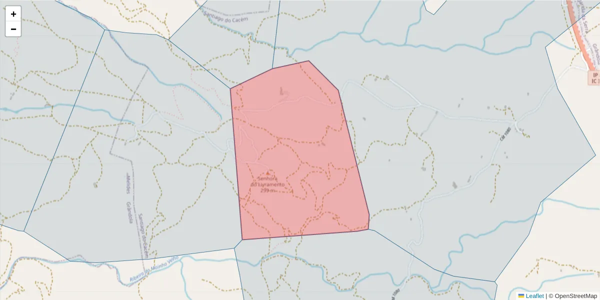 Mapa detalhado do código postal 7540-504 com limites, códigos postais vizinhos e agências dos correios
