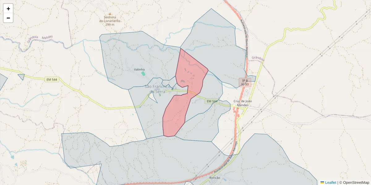 Mapa detalhado do código postal 7540-505 com limites, códigos postais vizinhos e agências dos correios