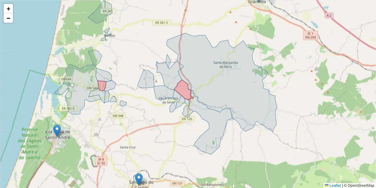Mapa detalhado do código postal 7540-510 com limites, códigos postais vizinhos e agências dos correios