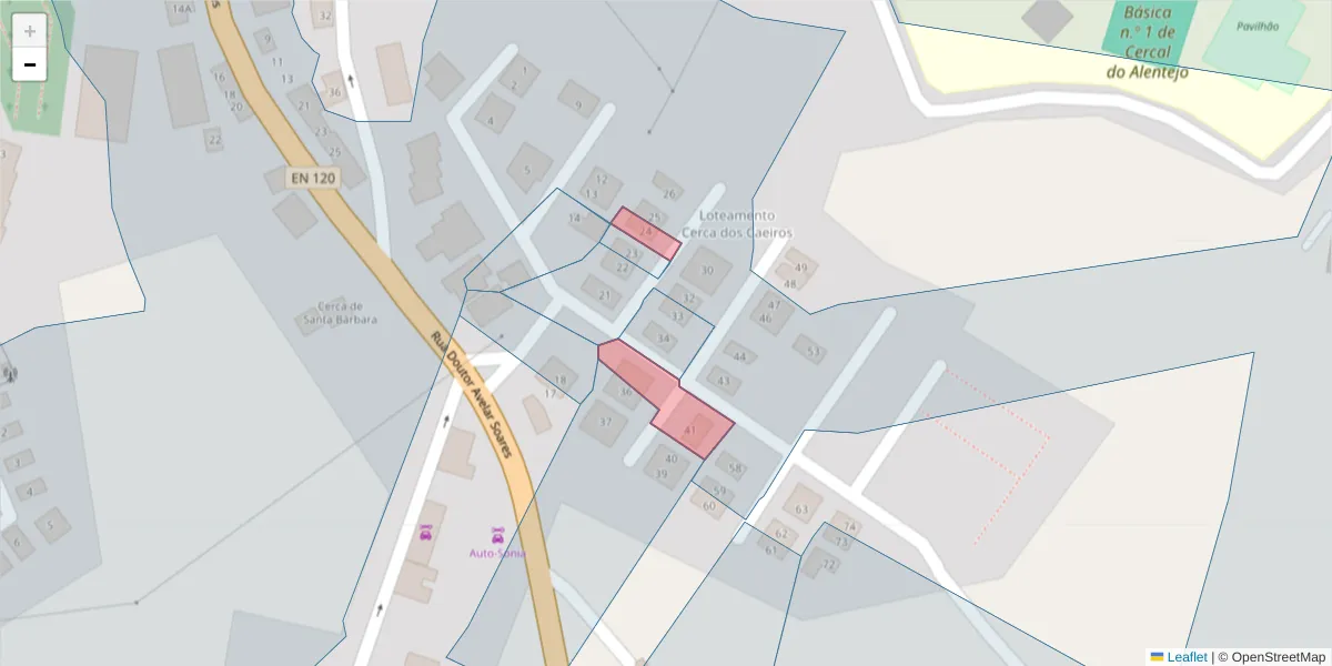 Mapa detalhado do código postal 7555-011 com limites, códigos postais vizinhos e agências dos correios