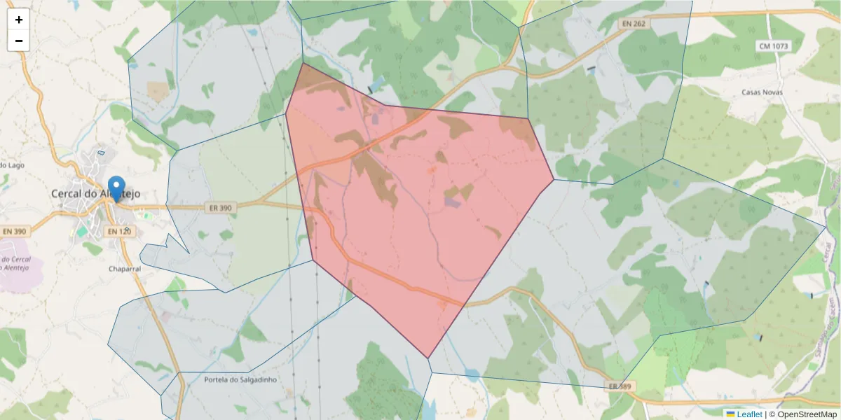 Mapa detalhado do código postal 7555-015 com limites, códigos postais vizinhos e agências dos correios