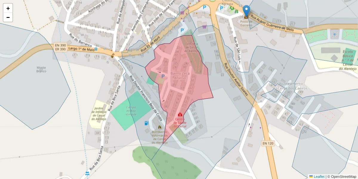 Mapa detalhado do código postal 7555-105 com limites, códigos postais vizinhos e agências dos correios