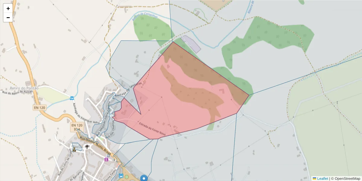 Mapa detalhado do código postal 7555-106 com limites, códigos postais vizinhos e agências dos correios