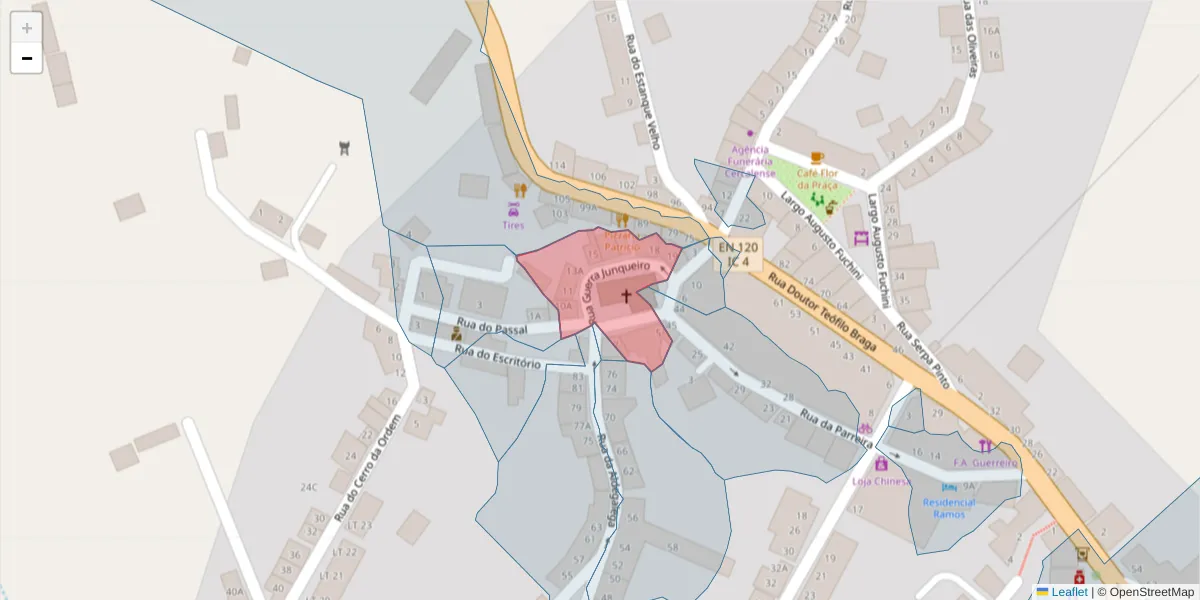 Mapa detalhado do código postal 7555-114 com limites, códigos postais vizinhos e agências dos correios