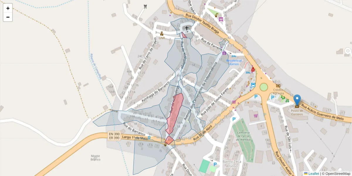 Mapa detalhado do código postal 7555-122 com limites, códigos postais vizinhos e agências dos correios