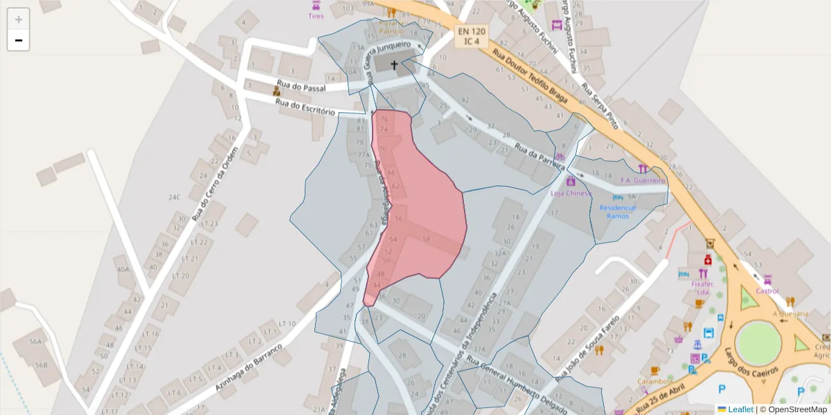 Mapa detalhado do código postal 7555-124 com limites, códigos postais vizinhos e agências dos correios