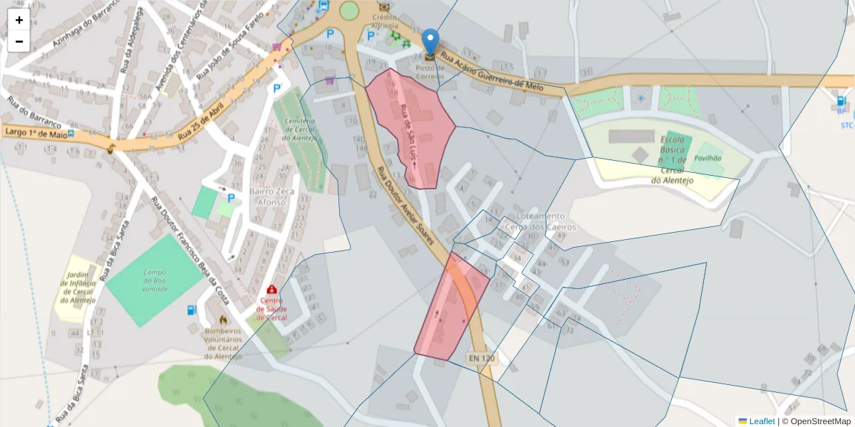 Mapa detalhado do código postal 7555-127 com limites, códigos postais vizinhos e agências dos correios