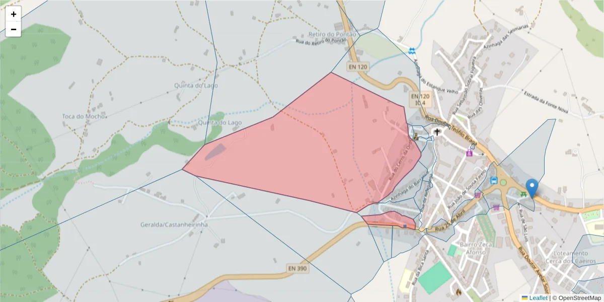Mapa detalhado do código postal 7555-128 com limites, códigos postais vizinhos e agências dos correios
