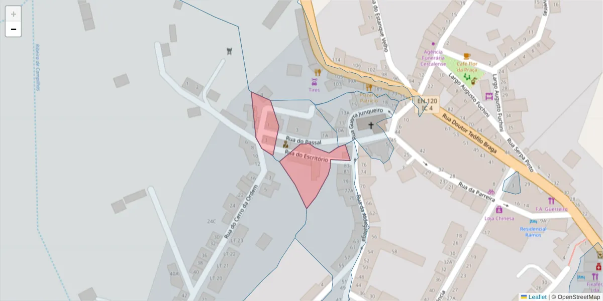 Mapa detalhado do código postal 7555-129 com limites, códigos postais vizinhos e agências dos correios