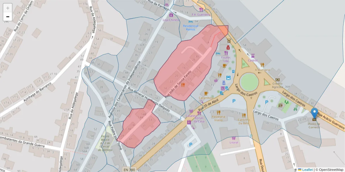 Mapa detalhado do código postal 7555-143 com limites, códigos postais vizinhos e agências dos correios