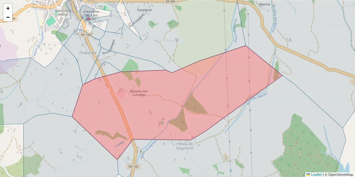 Mapa detalhado do código postal 7555-202 com limites, códigos postais vizinhos e agências dos correios