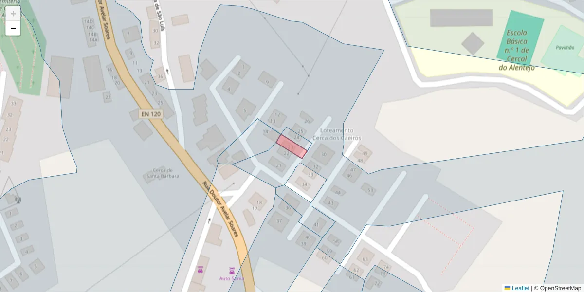 Mapa detalhado do código postal 7555-204 com limites, códigos postais vizinhos e agências dos correios
