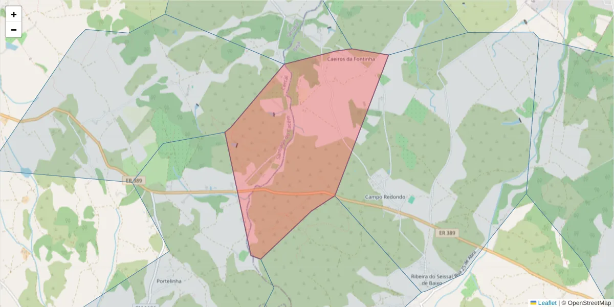 Mapa detalhado do código postal 7555-209 com limites, códigos postais vizinhos e agências dos correios