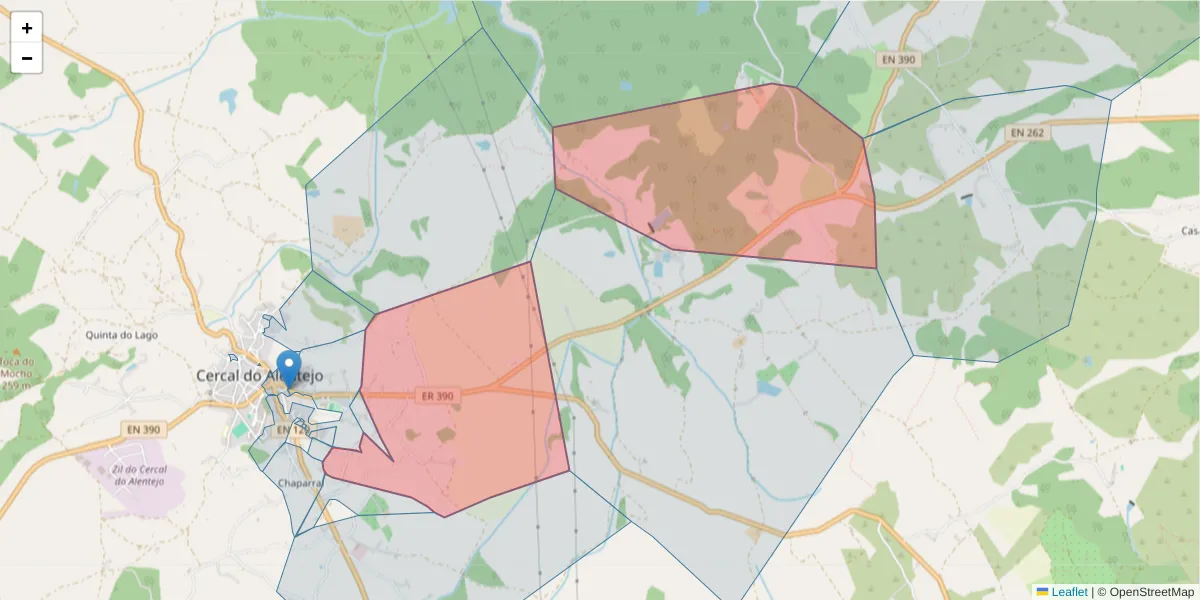 Mapa detalhado do código postal 7555-211 com limites, códigos postais vizinhos e agências dos correios