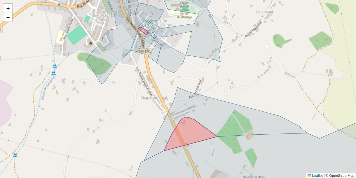 Mapa detalhado do código postal 7555-212 com limites, códigos postais vizinhos e agências dos correios