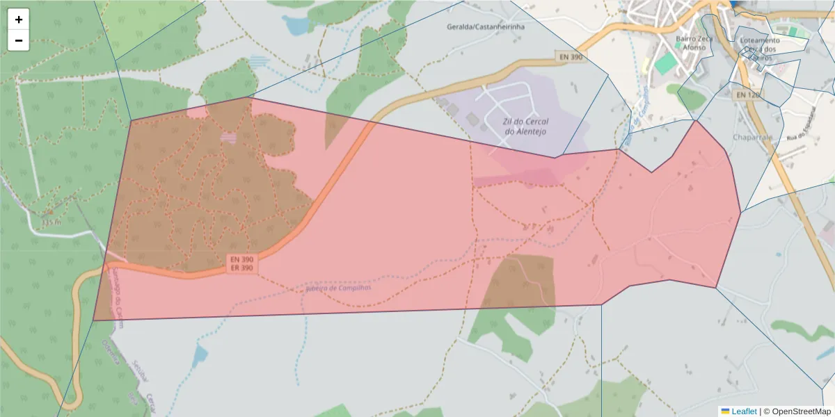 Mapa detalhado do código postal 7555-218 com limites, códigos postais vizinhos e agências dos correios