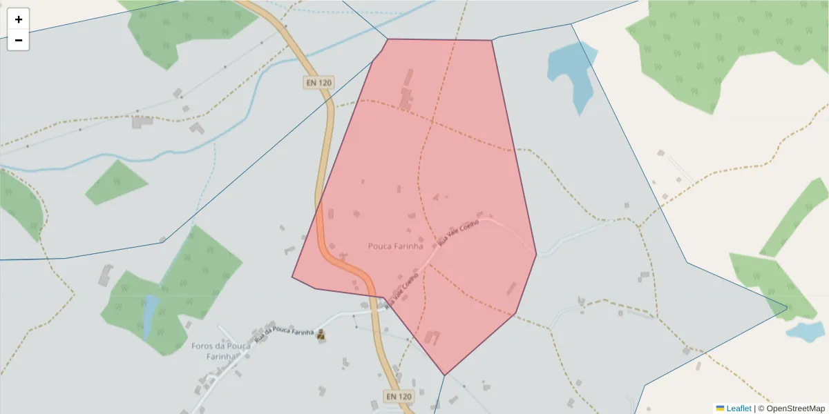 Mapa detalhado do código postal 7555-221 com limites, códigos postais vizinhos e agências dos correios