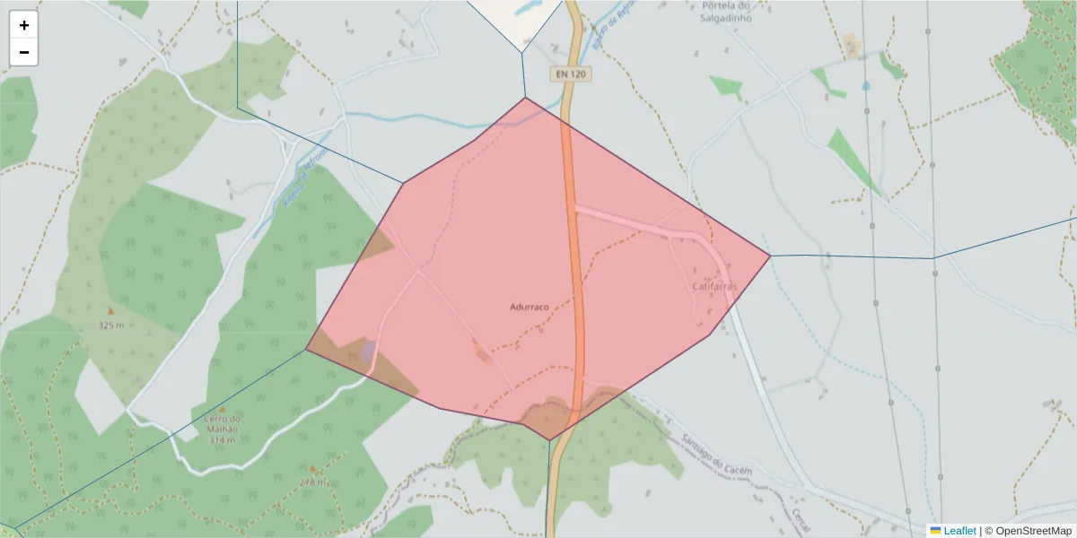 Mapa detalhado do código postal 7555-256 com limites, códigos postais vizinhos e agências dos correios