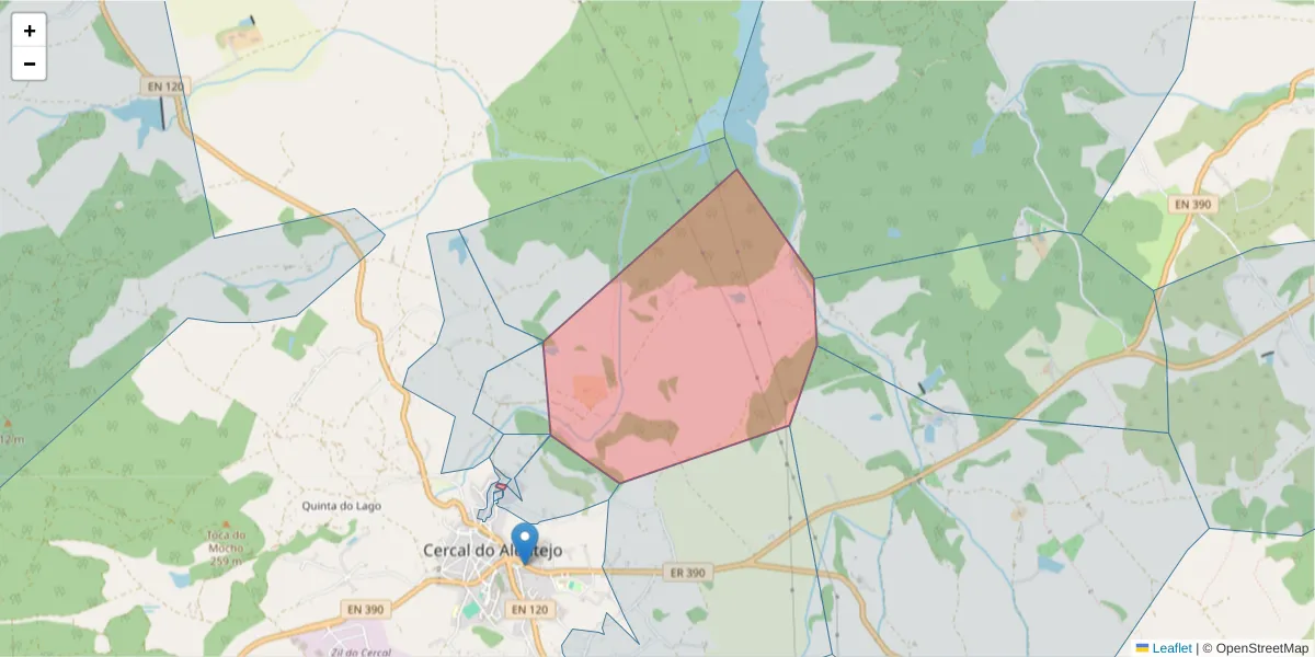 Mapa detalhado do código postal 7555-264 com limites, códigos postais vizinhos e agências dos correios