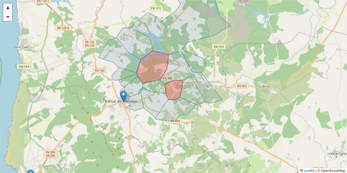 Mapa detalhado do código postal 7555-265 com limites, códigos postais vizinhos e agências dos correios