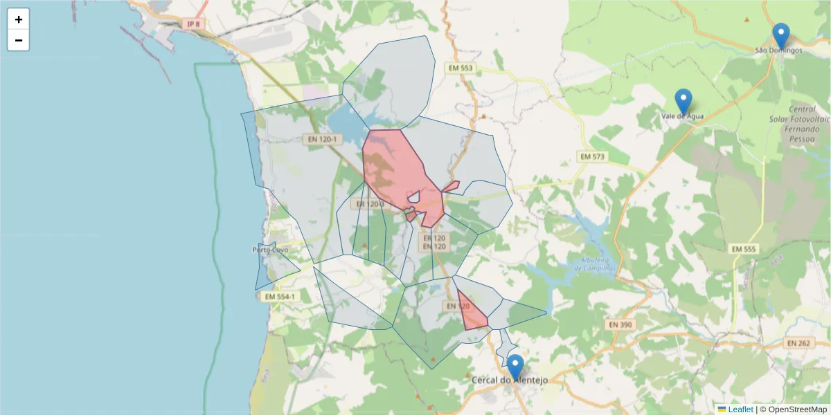 Mapa detalhado do código postal 7555-267 com limites, códigos postais vizinhos e agências dos correios