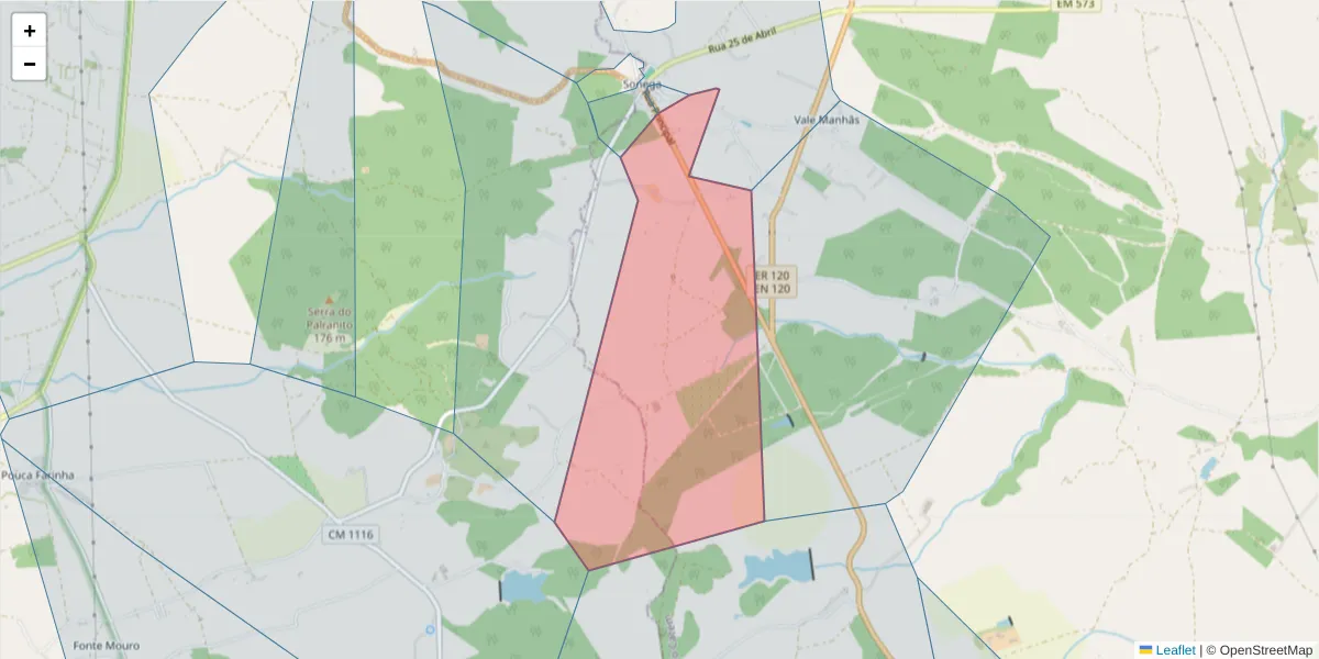 Mapa detalhado do código postal 7555-268 com limites, códigos postais vizinhos e agências dos correios
