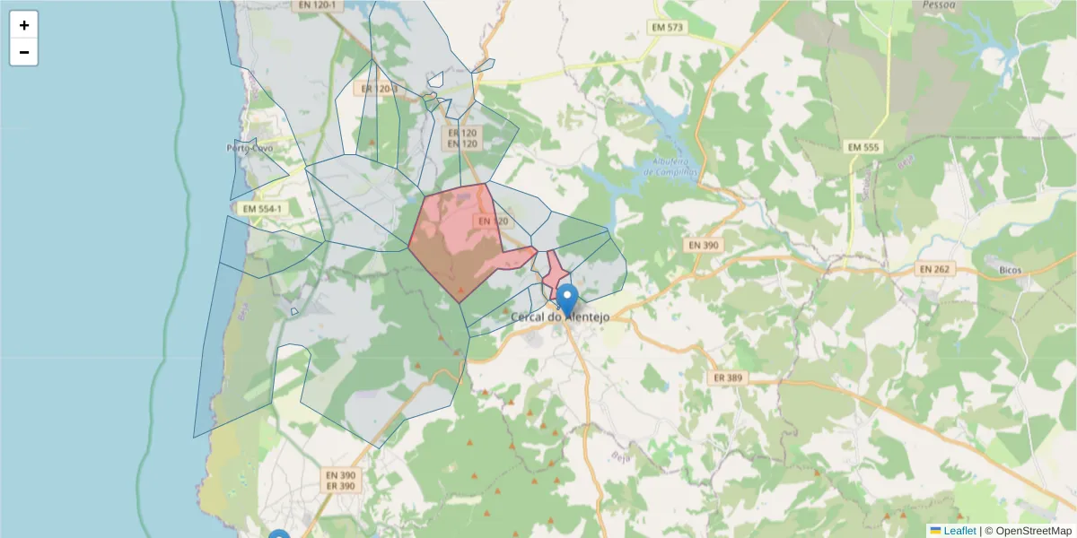Mapa detalhado do código postal 7555-271 com limites, códigos postais vizinhos e agências dos correios