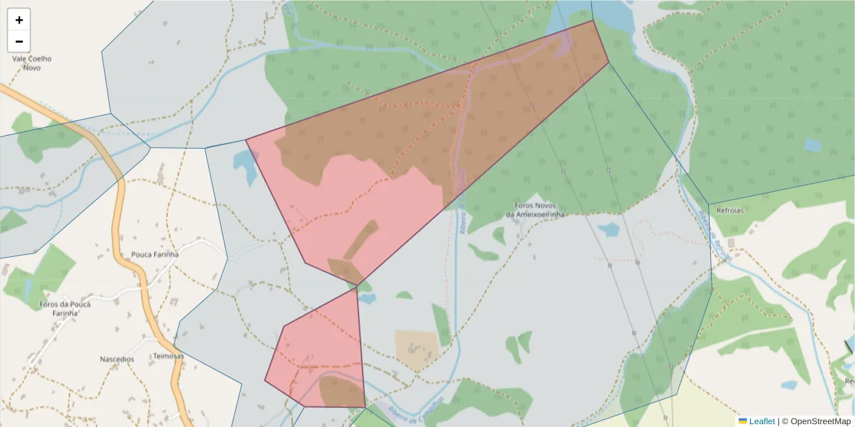 Mapa detalhado do código postal 7555-272 com limites, códigos postais vizinhos e agências dos correios