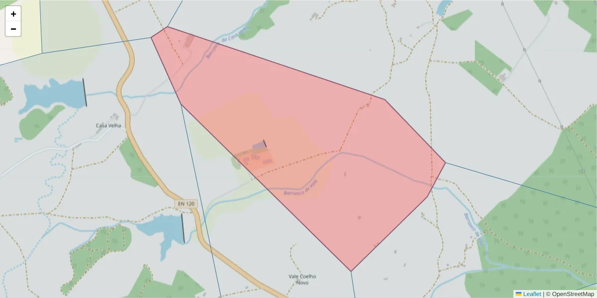 Mapa detalhado do código postal 7555-281 com limites, códigos postais vizinhos e agências dos correios