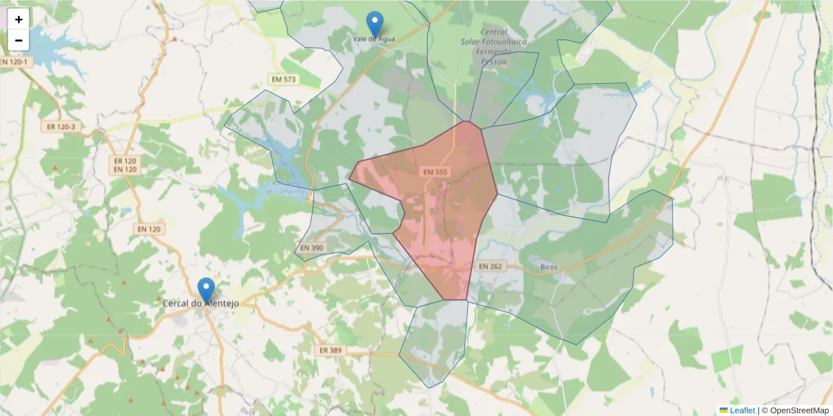 Mapa detalhado do código postal 7555-311 com limites, códigos postais vizinhos e agências dos correios