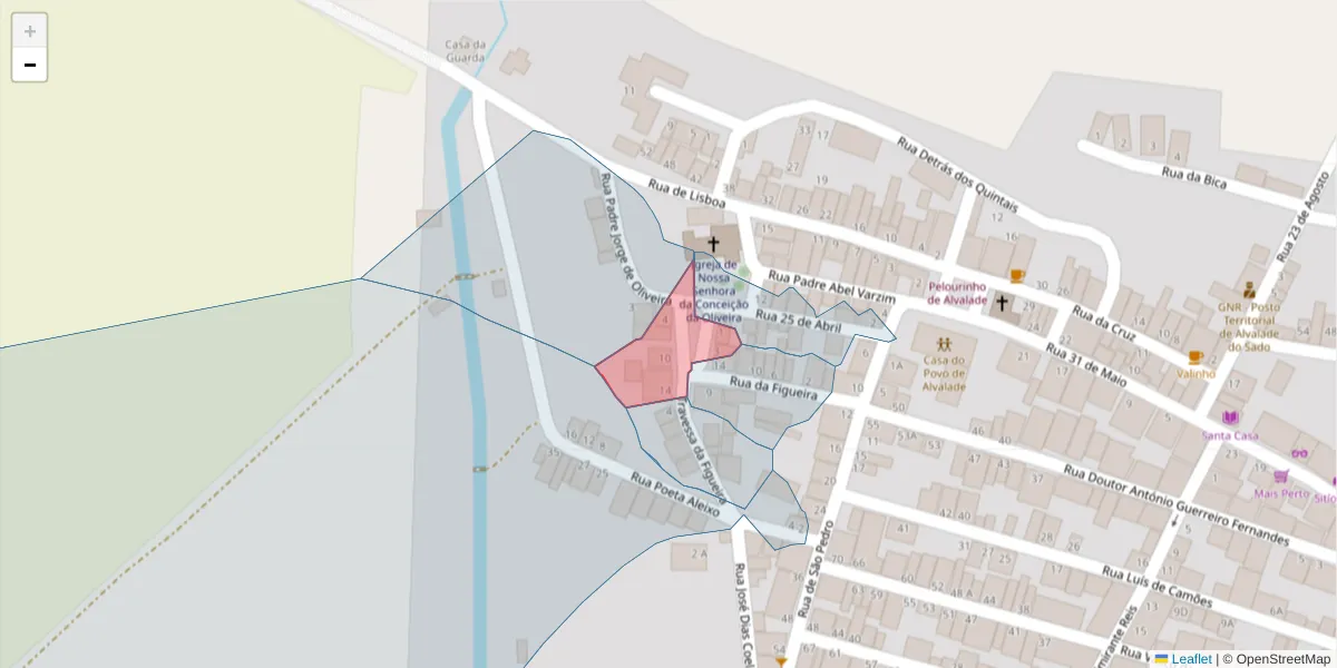 Mapa detalhado do código postal 7565-015 com limites, códigos postais vizinhos e agências dos correios